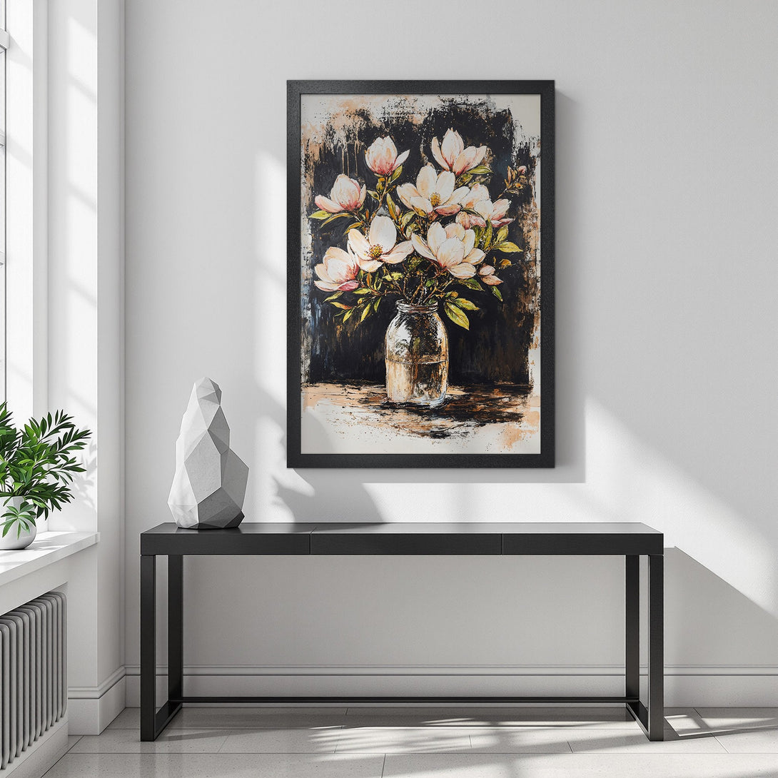 Framed Poster featuring a floral still life painting with a dark, moody background and a soft, neutral color palette. Perfect home decor!