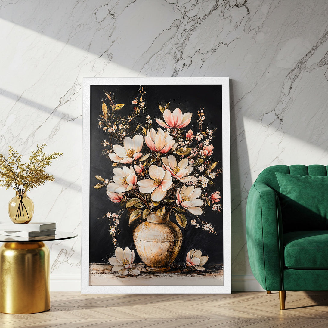 Framed Poster of floral artwork. Elegant watercolor style with soft pink, white, and gold hues on a dark background. Perfect home decor.