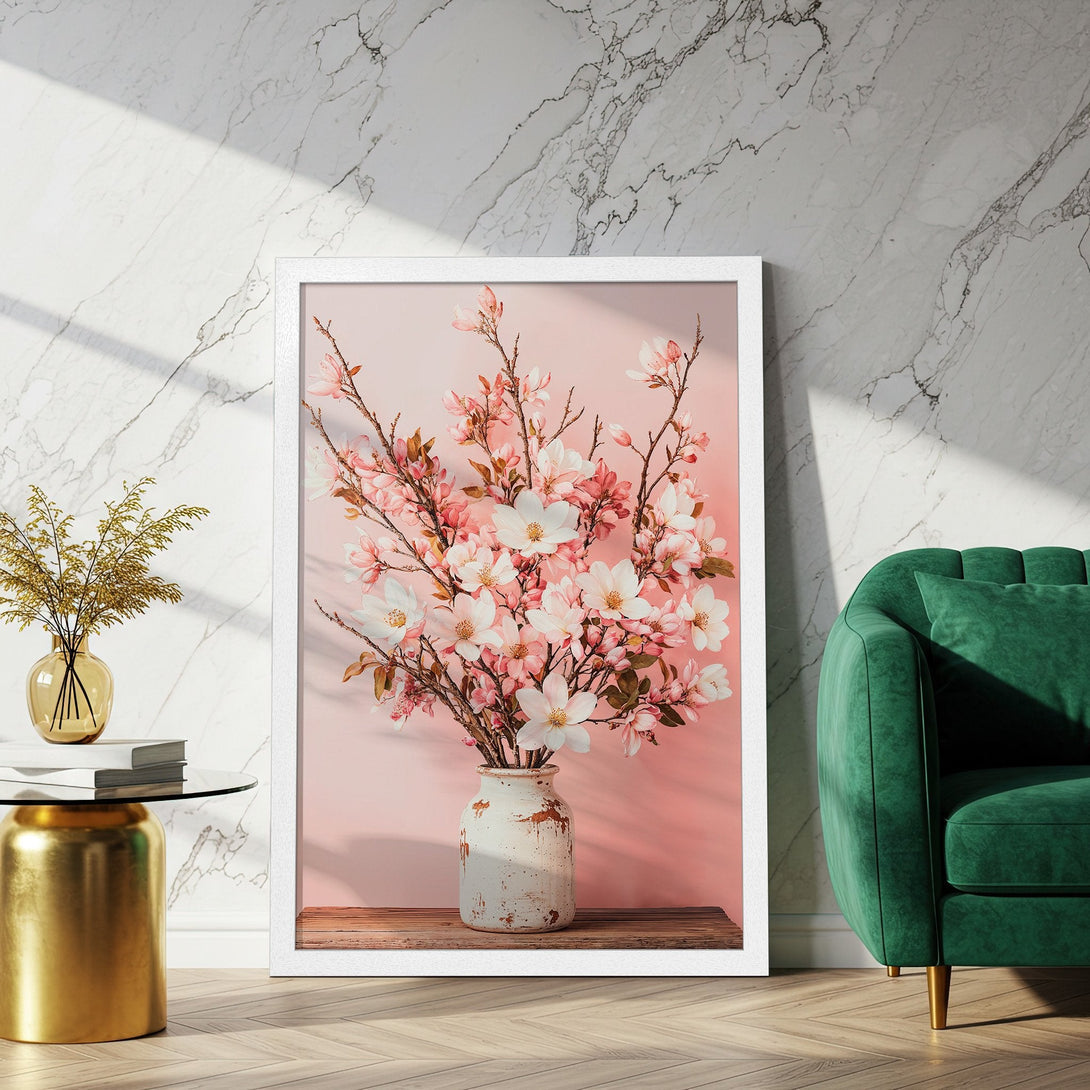 Framed Poster featuring a floral still life in soft pinks and whites, elegant style for home decor.