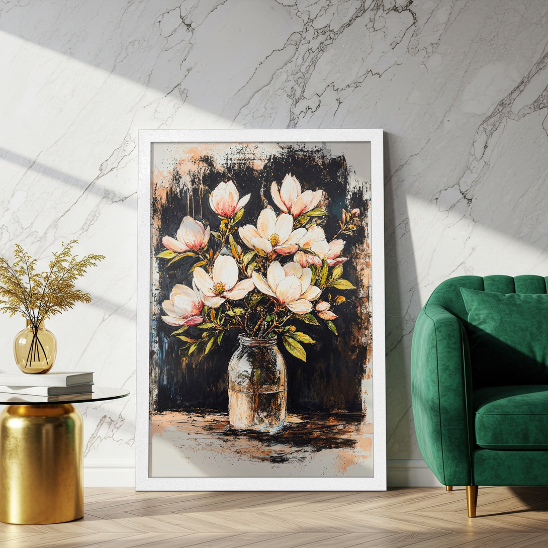 Framed Poster featuring a floral still life in a modern, abstract style with a neutral and warm color palette. Perfect wall art!