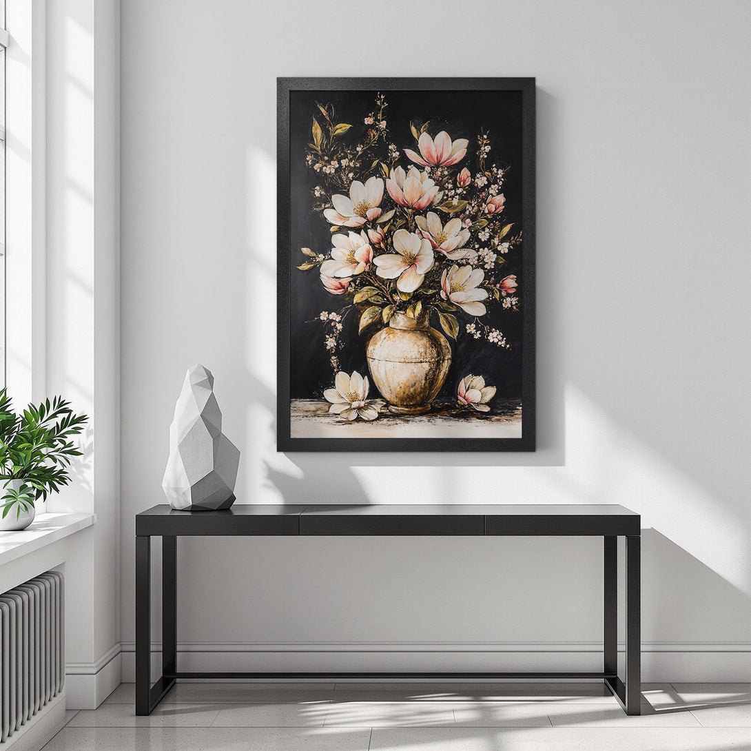 Framed Poster featuring a floral still life in a vintage style with a black, white, and blush color palette. Perfect for home decor!