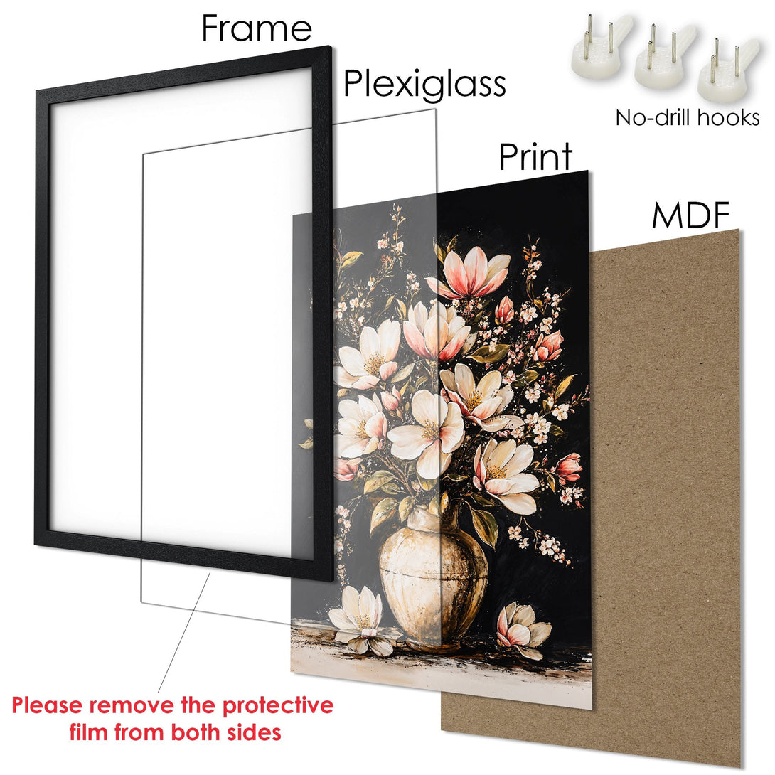 Framed Poster featuring floral art with a black frame. The artwork showcases a vintage style and a warm color palette. Ready to hang!
