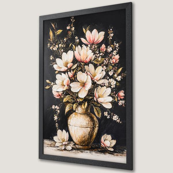 Framed Poster: Floral art print with white and pink flowers, gold vase, and black background. Elegant style, neutral color palette.