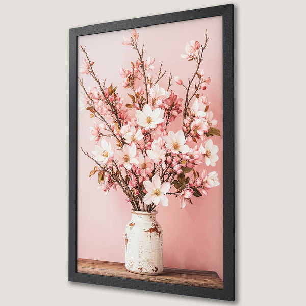 Framed Poster featuring a floral arrangement in a vase, soft pink and white color palette, perfect for adding a touch of elegance to your space.