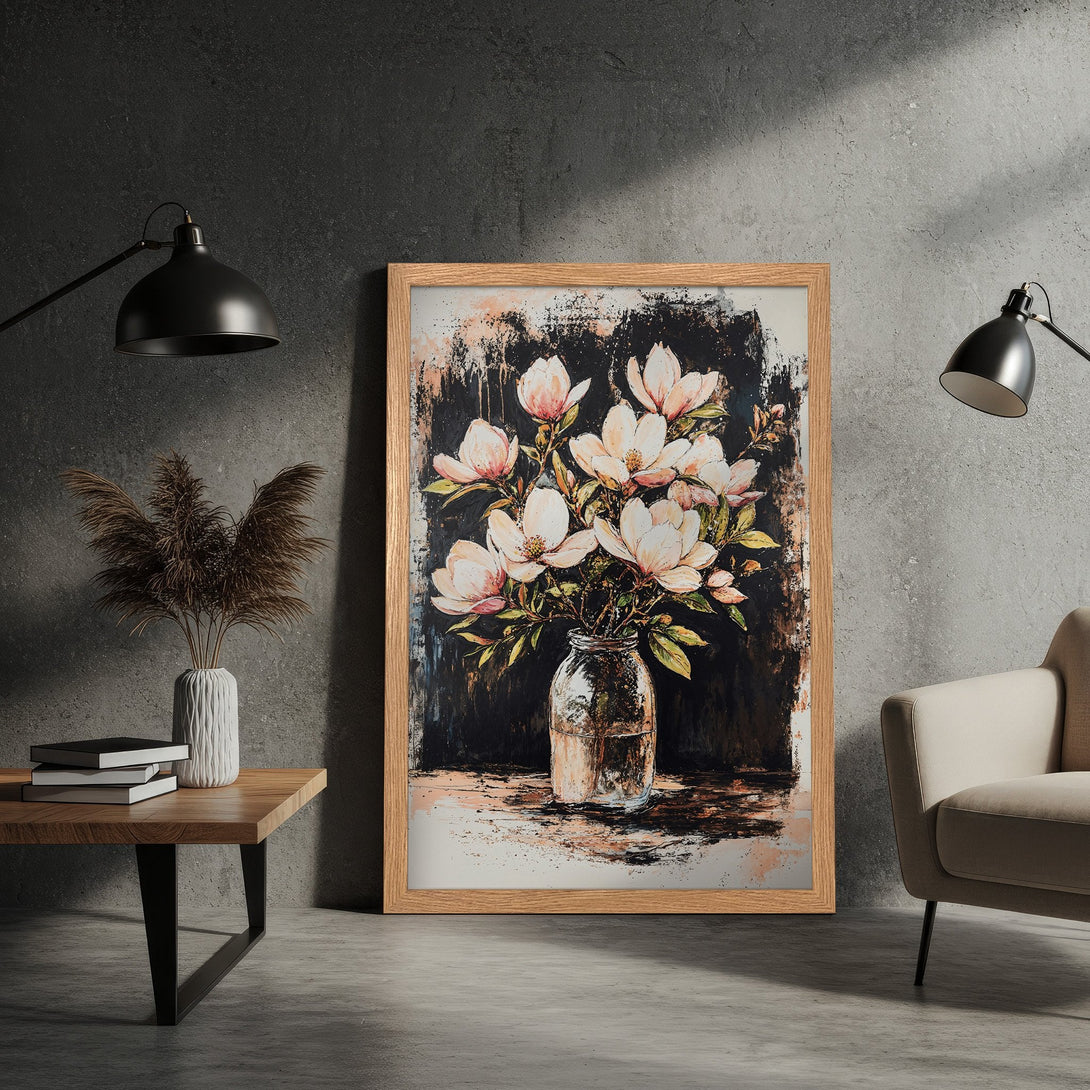 Framed Poster of magnolia flowers in a jar, artistic style with a dark, moody color palette. Perfect wall art for your home!
