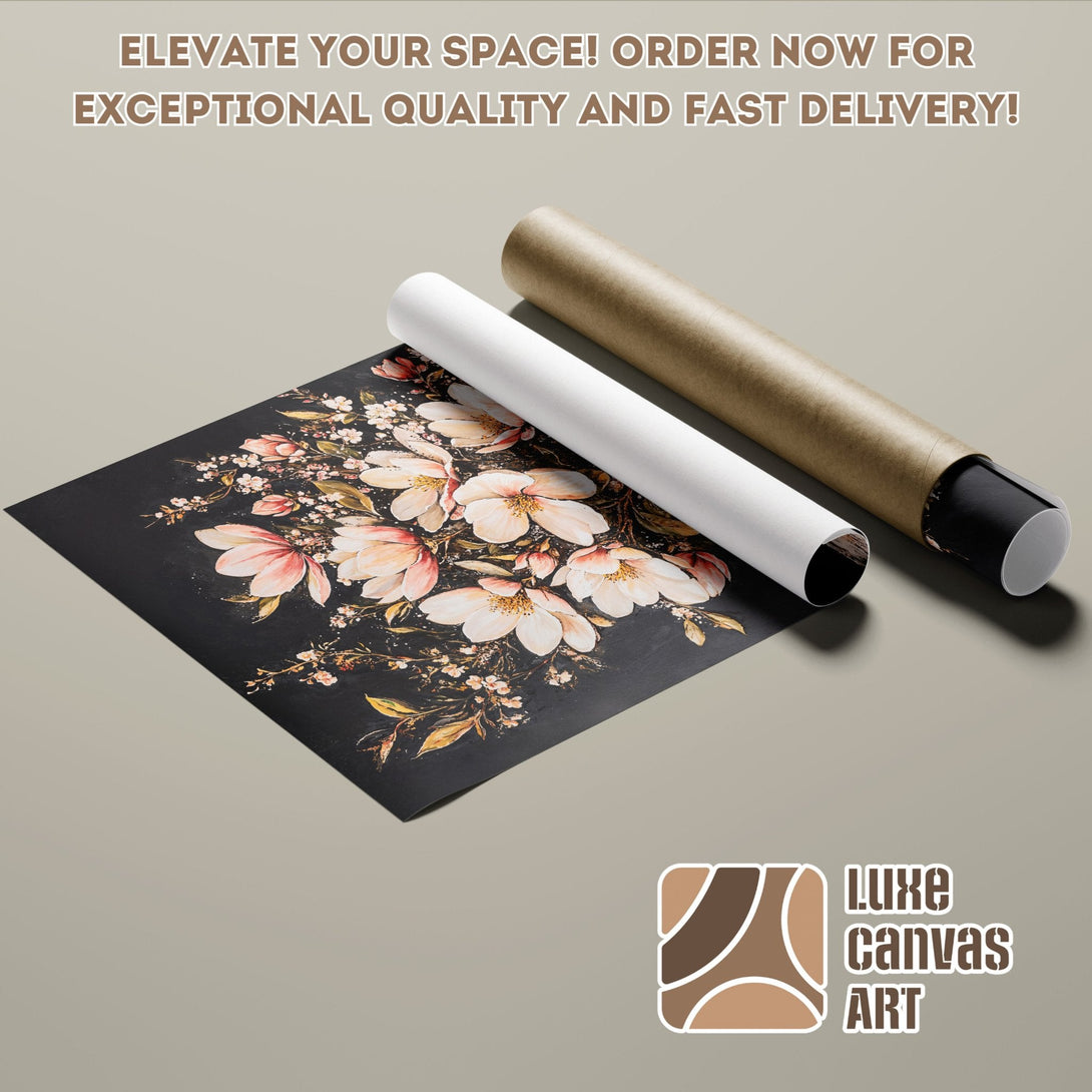 Floral Poster Roll with black background, soft pink and cream palette, perfect for home decor.