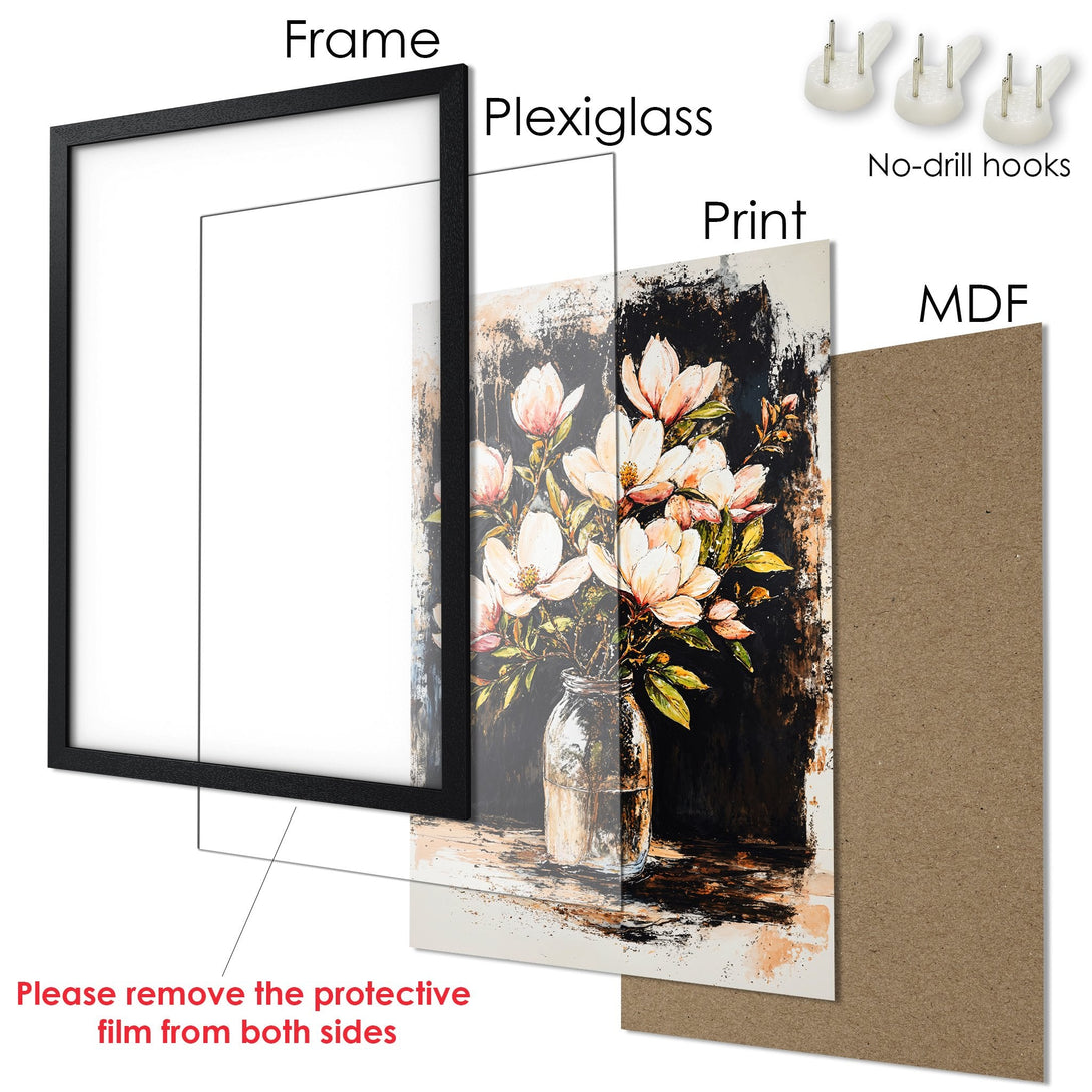 Framed Poster featuring floral artwork in a modern style with a neutral and black color palette. Perfect wall art for any room.