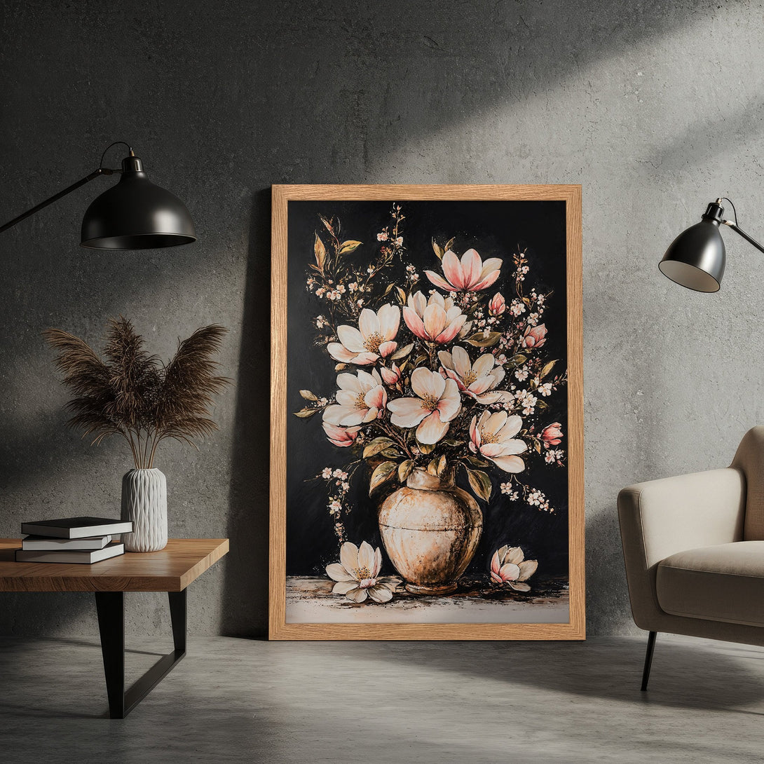 Framed Poster featuring a floral still life painting. Elegant style with a black background and a soft pink and cream color palette.