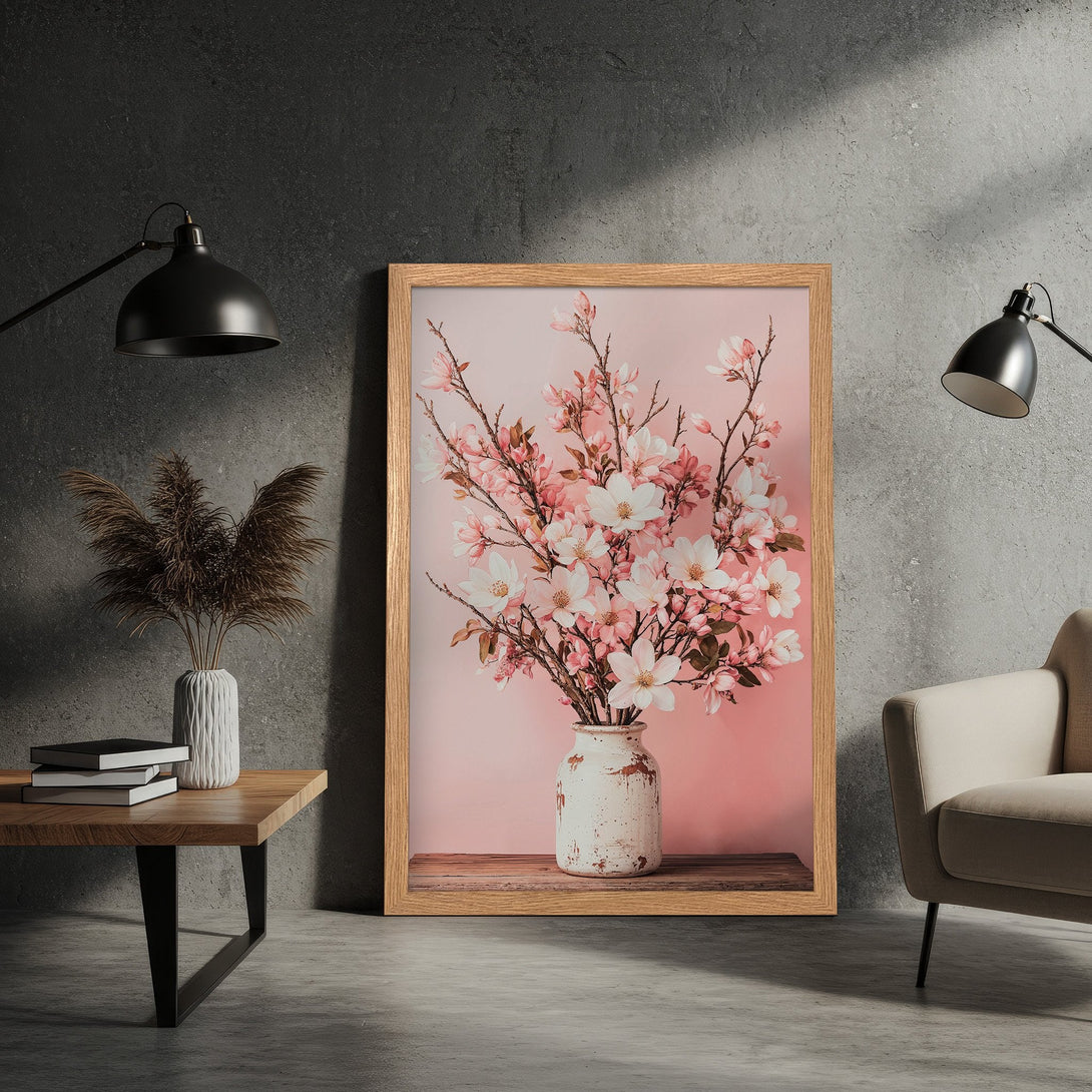 Framed Poster featuring a floral arrangement in soft pink and white hues. Modern, minimalist style perfect for home decor.