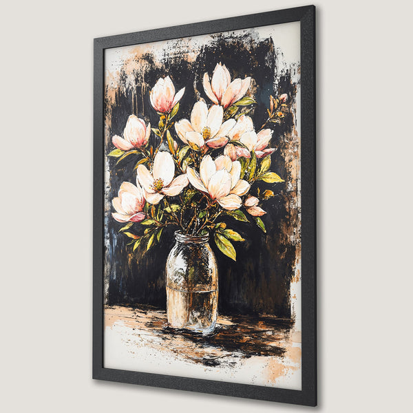 Framed Poster featuring a floral still life in an abstract style with a dark, moody color palette. Perfect wall art!