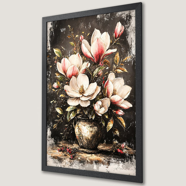 Framed Poster of elegant magnolia flowers in a vase, painted in a textured style with a dark, moody color palette. Perfect wall art!
