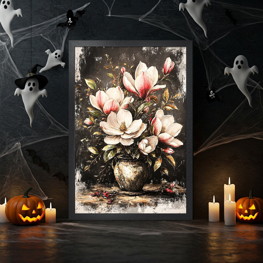 Framed Poster featuring a floral still life in a dark, moody style with a black and white color palette, perfect for Halloween decor.