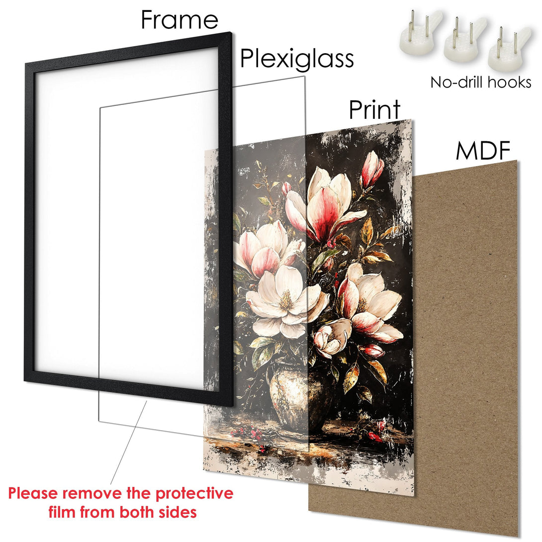 Framed Poster featuring a floral still life in a dark, moody style with a red and white color palette. Ready to hang!