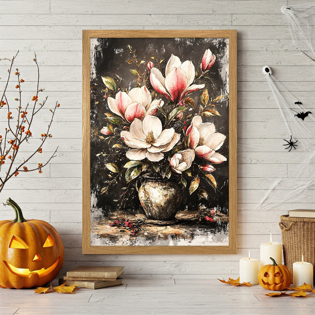 Framed Poster featuring a floral still life in a dark, painterly style with a warm color palette, perfect for fall decor.