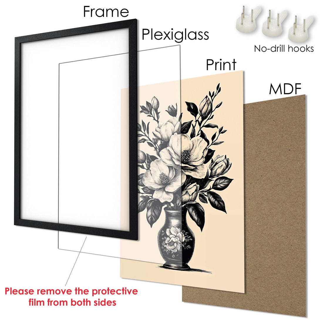 Framed Poster featuring a floral illustration in black & white on a beige background. Elegant art print for your home!
