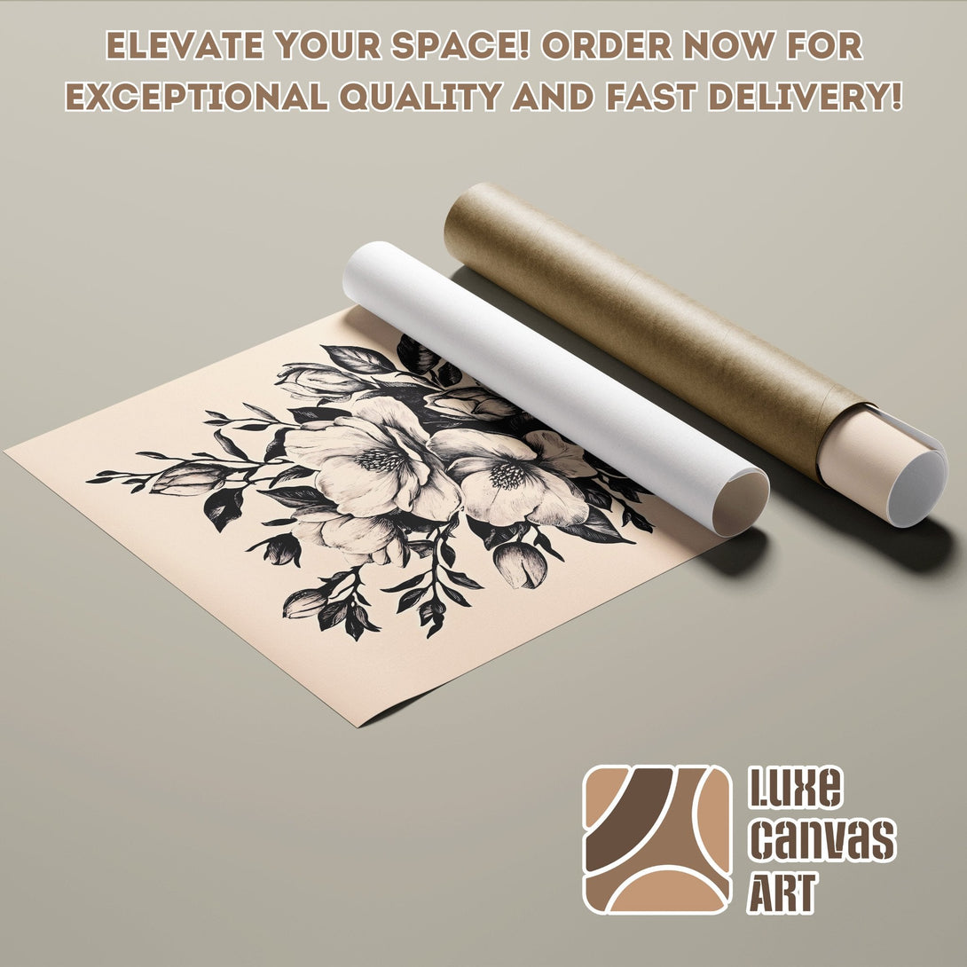 Floral Poster Roll, black and white botanical art on a neutral palette, elevate your space!