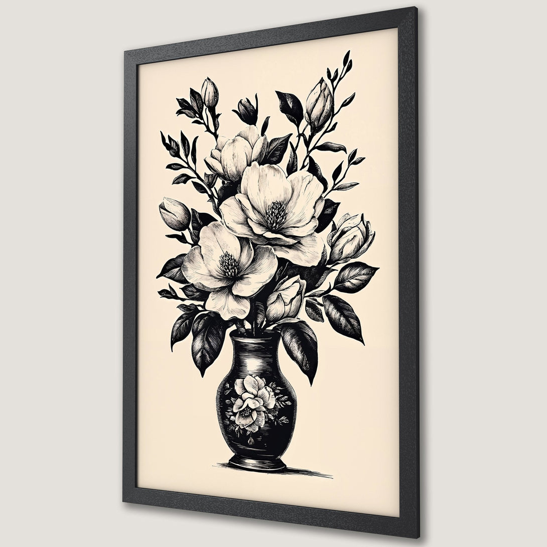 Framed Poster featuring a floral illustration in black and white, elegant botanical art for home decor.