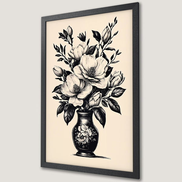 Framed Poster featuring a floral illustration in black and white, elegant botanical art for home decor.