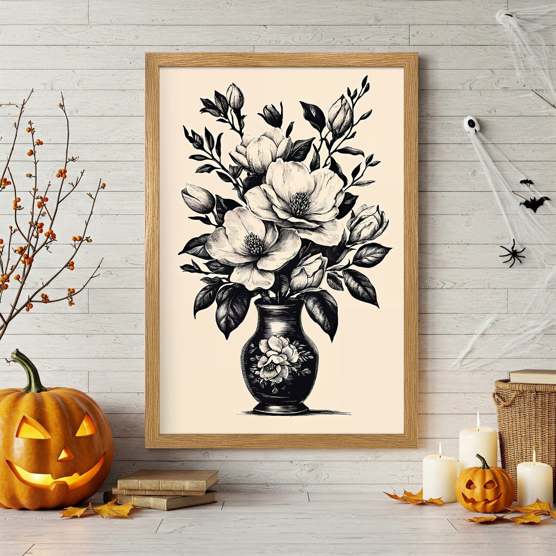 Framed Poster featuring a black and white floral illustration in a vintage style. Perfect for Halloween decor!