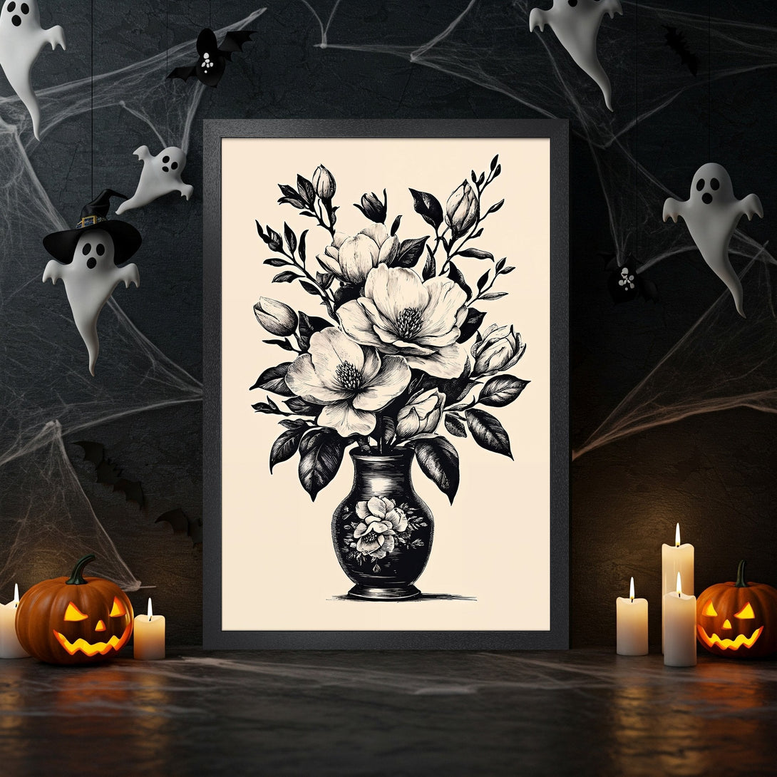 Framed Poster: Floral illustration in black & white, Halloween decor. Perfect for spooky season!