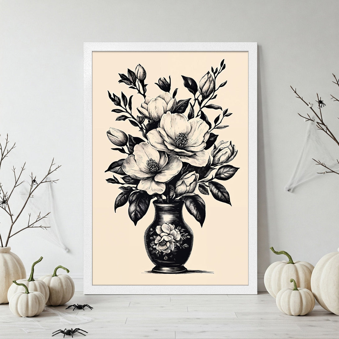 Framed Poster featuring a black and white floral illustration. Elegant botanical art with a neutral color palette for stylish home decor.