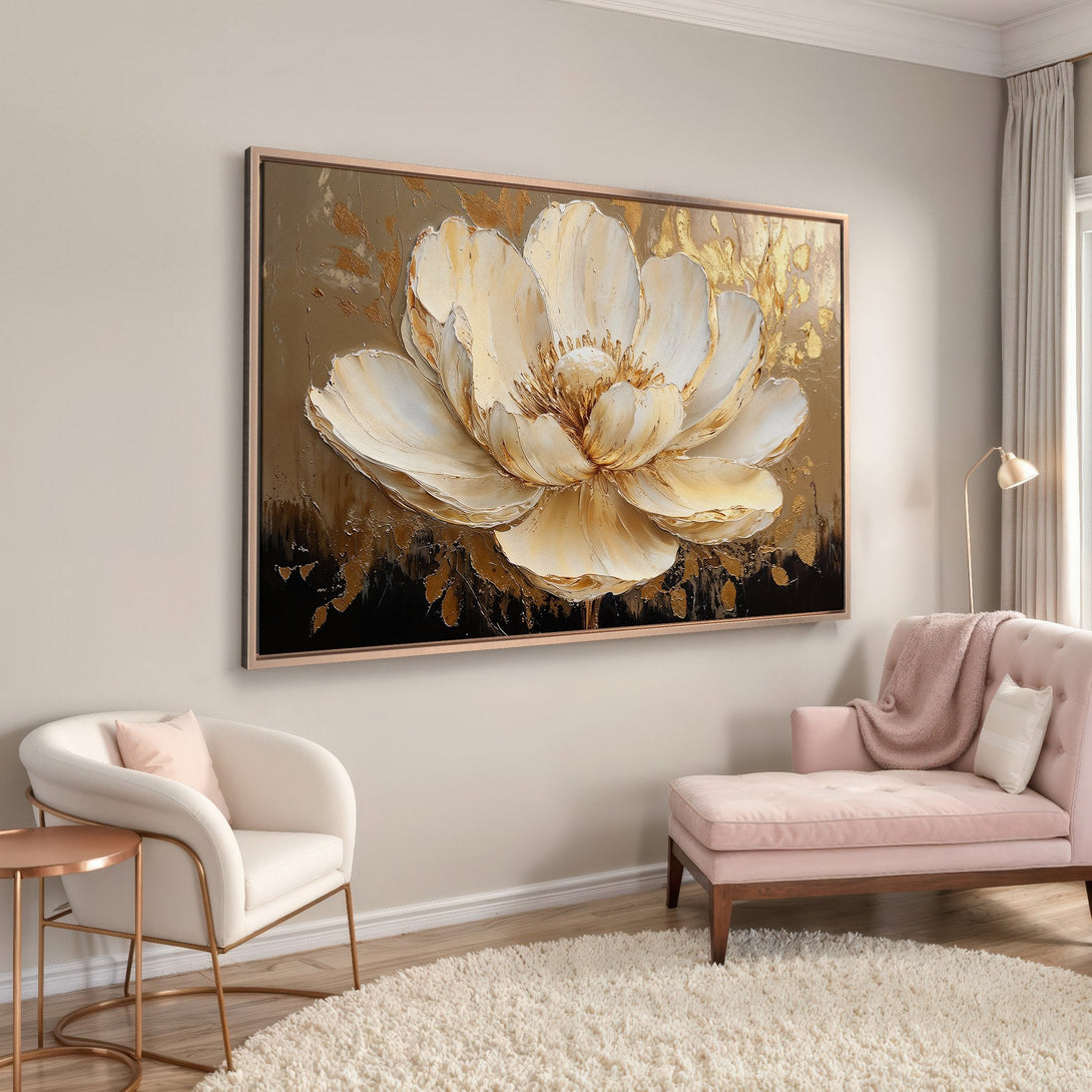 Framed Wall Art: Elegant floral canvas print in gold and cream tones. Perfect for adding a touch of luxury to your living room decor.