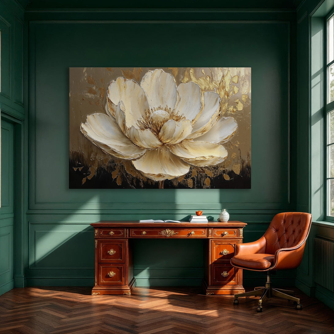 Framed Wall Art: Elegant floral canvas print in neutral tones. Modern interior decor with gold accents and a luxurious feel. Perfect for dining room or living room.