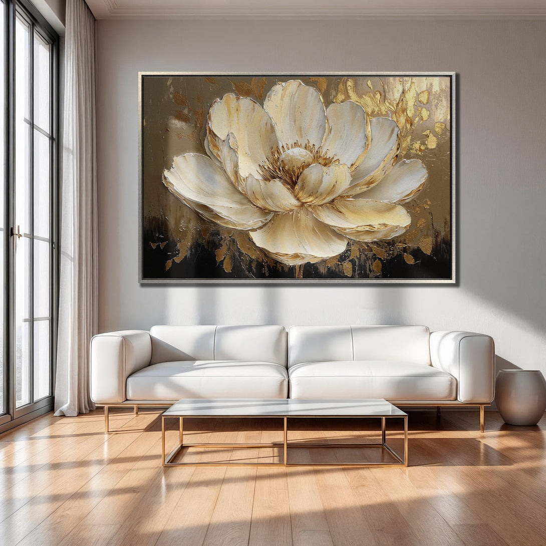 Framed Wall Art: Large floral canvas print in neutral tones with gold accents. Modern art for living room decor.