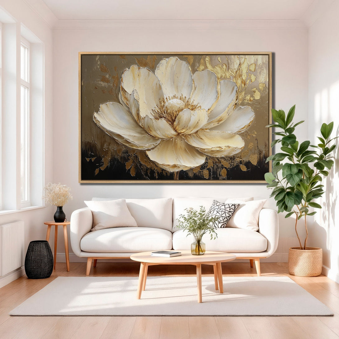 Framed Wall Art: Large floral canvas print in neutral tones. Elegant abstract flower art with gold accents. Perfect for modern living room decor.