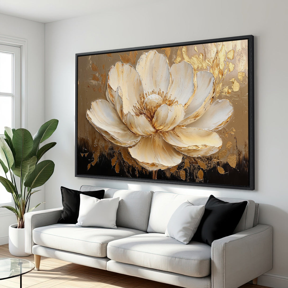Framed Wall Art: Elegant floral canvas print in neutral tones with gold accents. Adds a touch of luxury to any living room. Shop now!