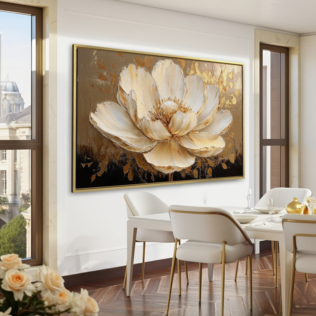 Canvas Print of a large, textured floral painting in gold and white, displayed in a luxurious green interior. Elevate your space with this stunning art!