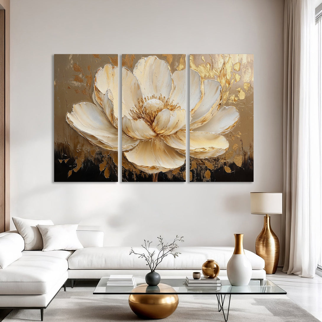 Canvas Print of a large, textured white and gold flower artwork. Modern style, neutral color palette. Elevate your space with this elegant wall art.