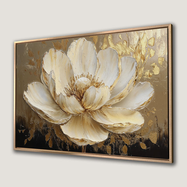 Framed Wall Art: Elegant floral canvas print in gold and cream tones. Textured, modern art for a sophisticated home decor upgrade.