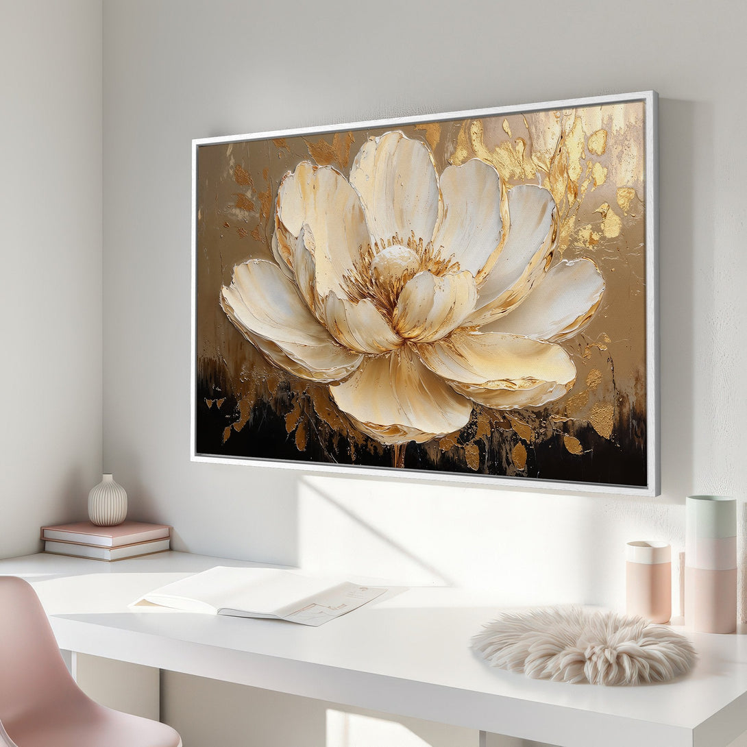 Framed Wall Art: Elegant floral canvas print in cream, gold, and brown tones. Modern art perfect for living rooms or bedrooms. Shop now!