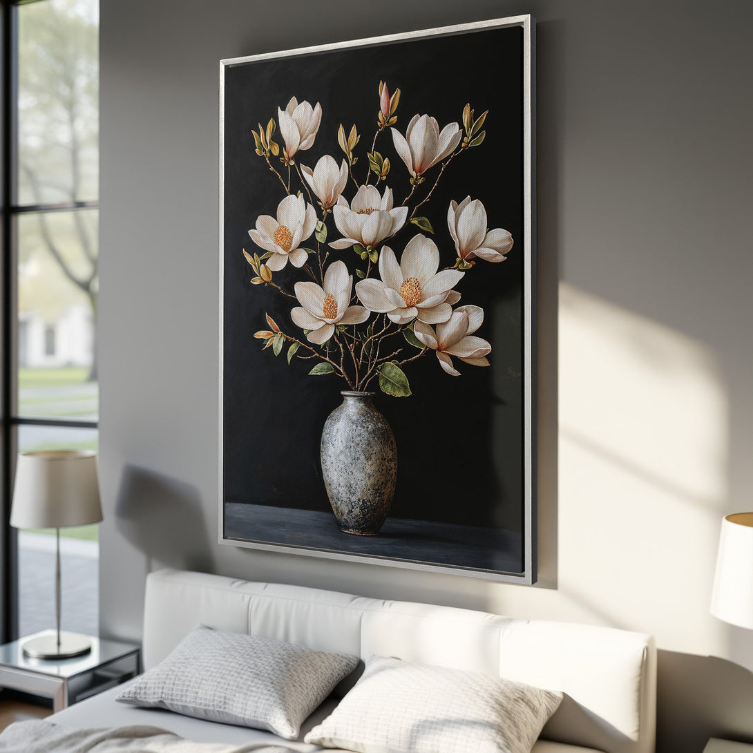 Framed Wall Art featuring a stunning floral still life with magnolia blossoms. Elegant botanical art in a neutral palette, perfect for bedroom decor.