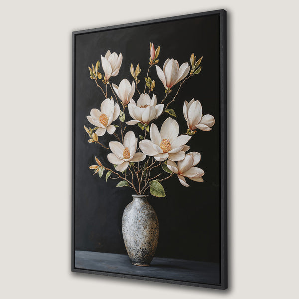 Framed Wall Art: Elegant magnolia flower canvas print in a dark, moody style. Features a neutral color palette with pops of white, green, and beige.