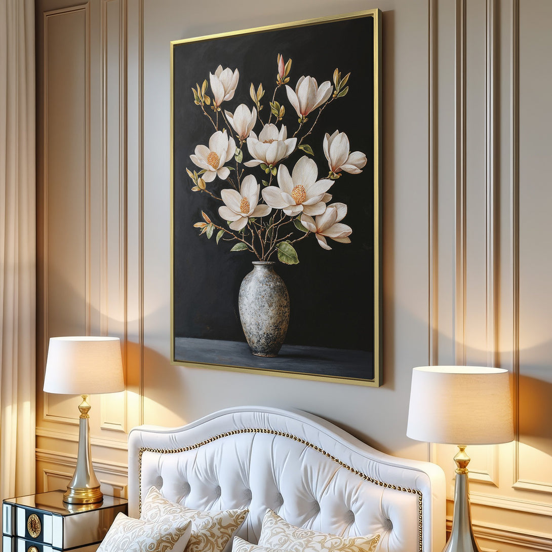 Canvas Print: Elegant floral artwork featuring white magnolia blooms on a dark background. Modern style with a neutral color palette, perfect for home decor.