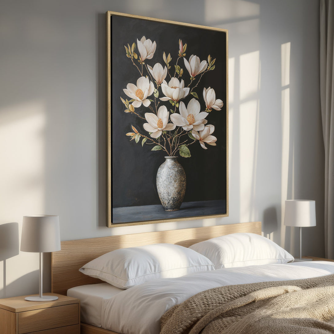 Framed Wall Art: Elegant magnolia flower arrangement in a vase, neutral tones. Perfect for bedroom decor. Modern botanical art with a touch of sophistication.