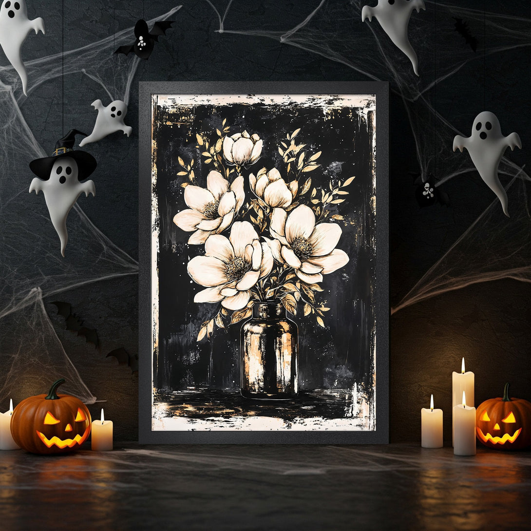 Framed Poster featuring a floral still life in a black and gold color palette, perfect for Halloween decor.