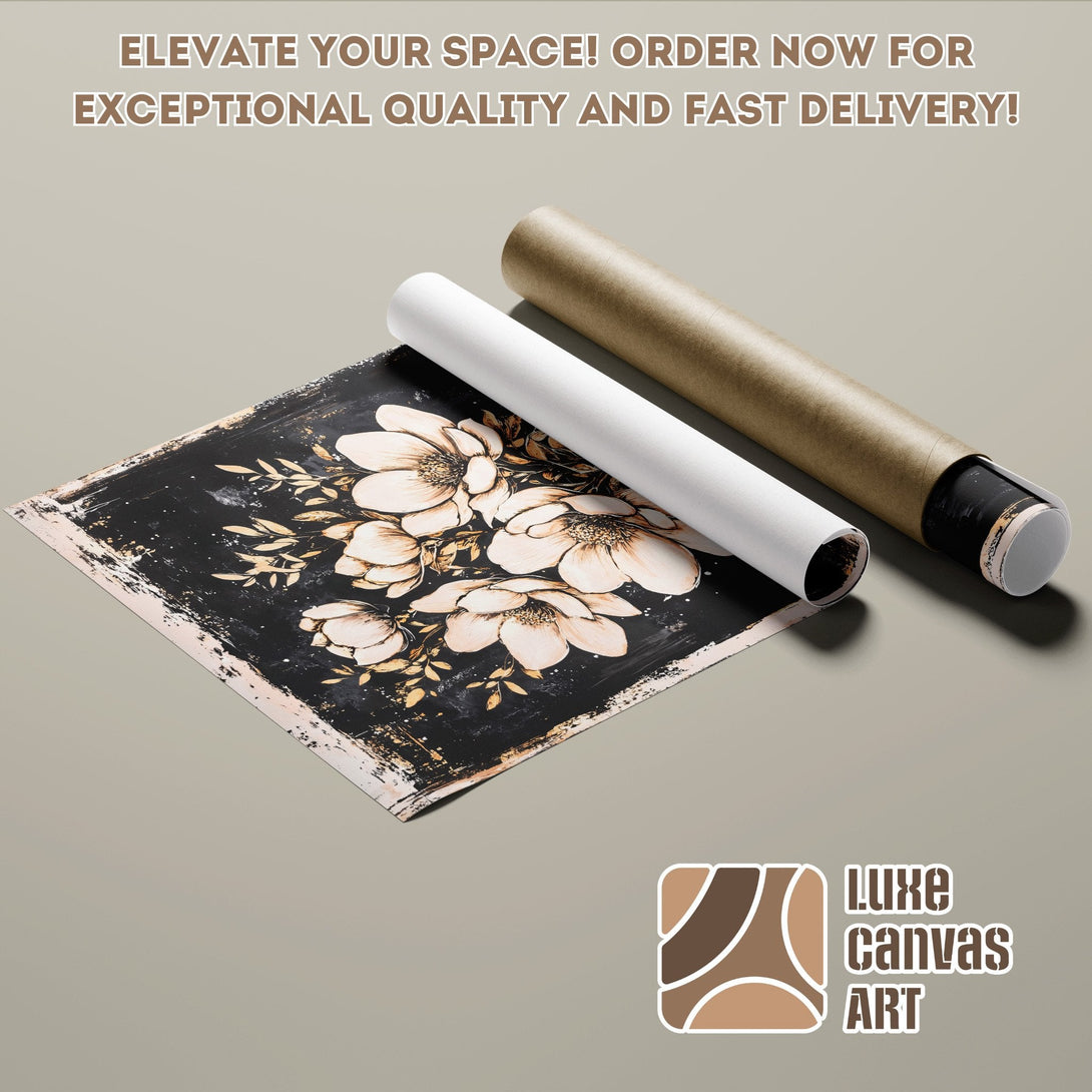 Floral Poster Roll in black, beige, and gold tones. Elevate your space with Luxe Canvas Art.