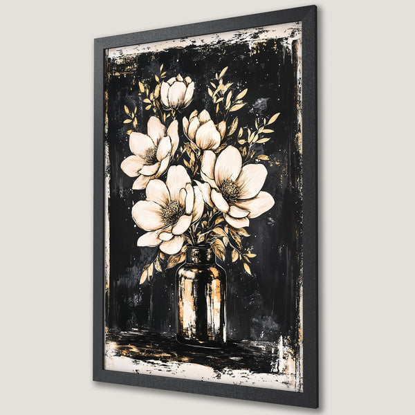 Framed Poster featuring elegant floral art in a black, white, and gold color palette. Perfect for adding a touch of sophistication.