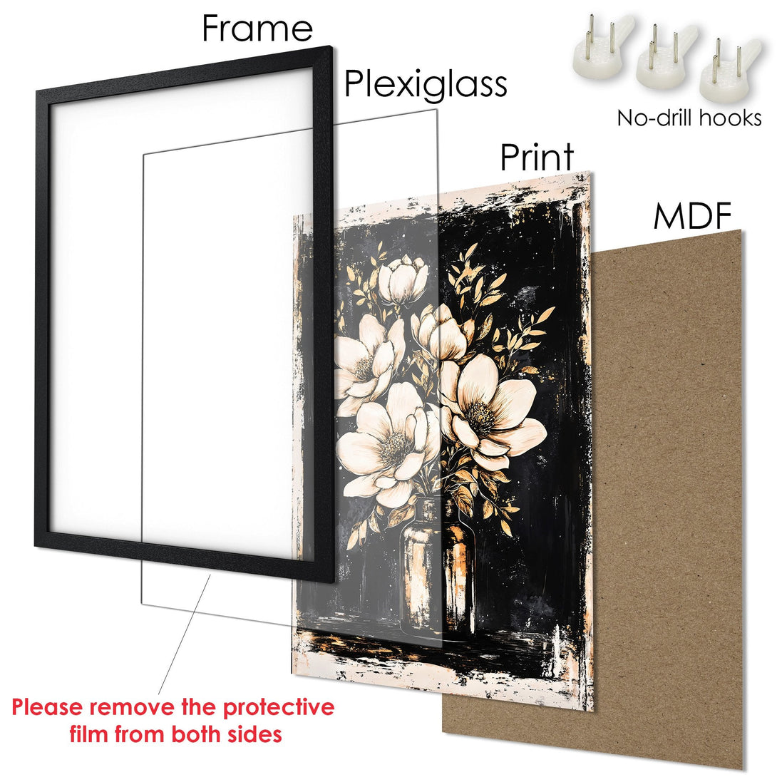 Framed Poster featuring elegant floral art in black, white, and gold. Perfect wall decor for a modern touch!