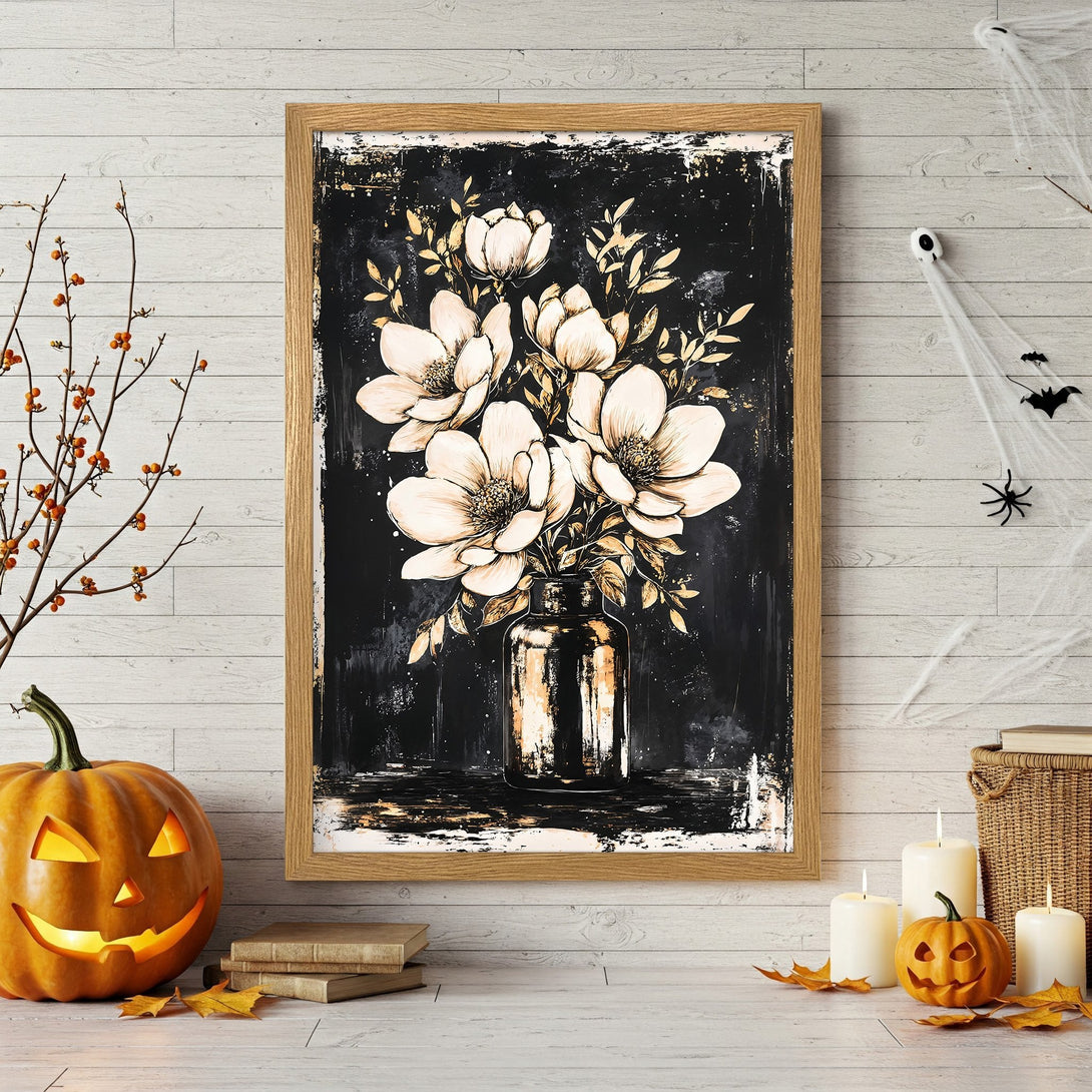 Framed Poster featuring floral art in a vintage style with a black, gold, and cream color palette. Perfect wall decor for any room.