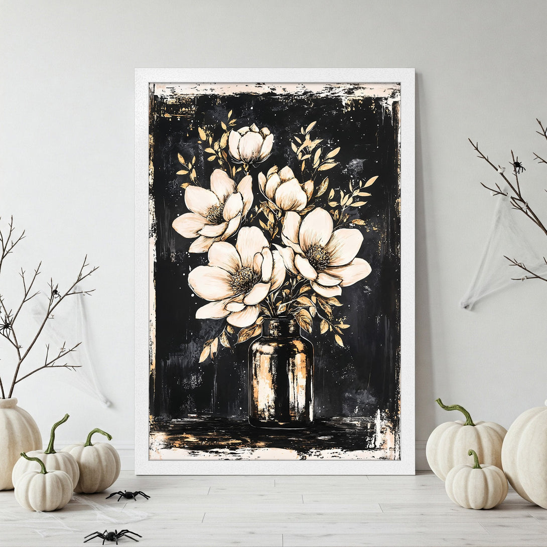 Framed Poster featuring a floral still life in a dark, artistic style with a black and gold color palette, perfect for home decor.