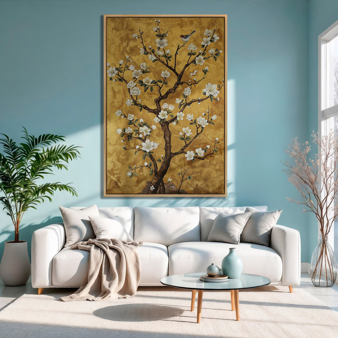 Framed Wall Art: Elegant floral tree painting in gold and white. Adds a touch of zen to any space. Perfect for living rooms with a soft color palette.