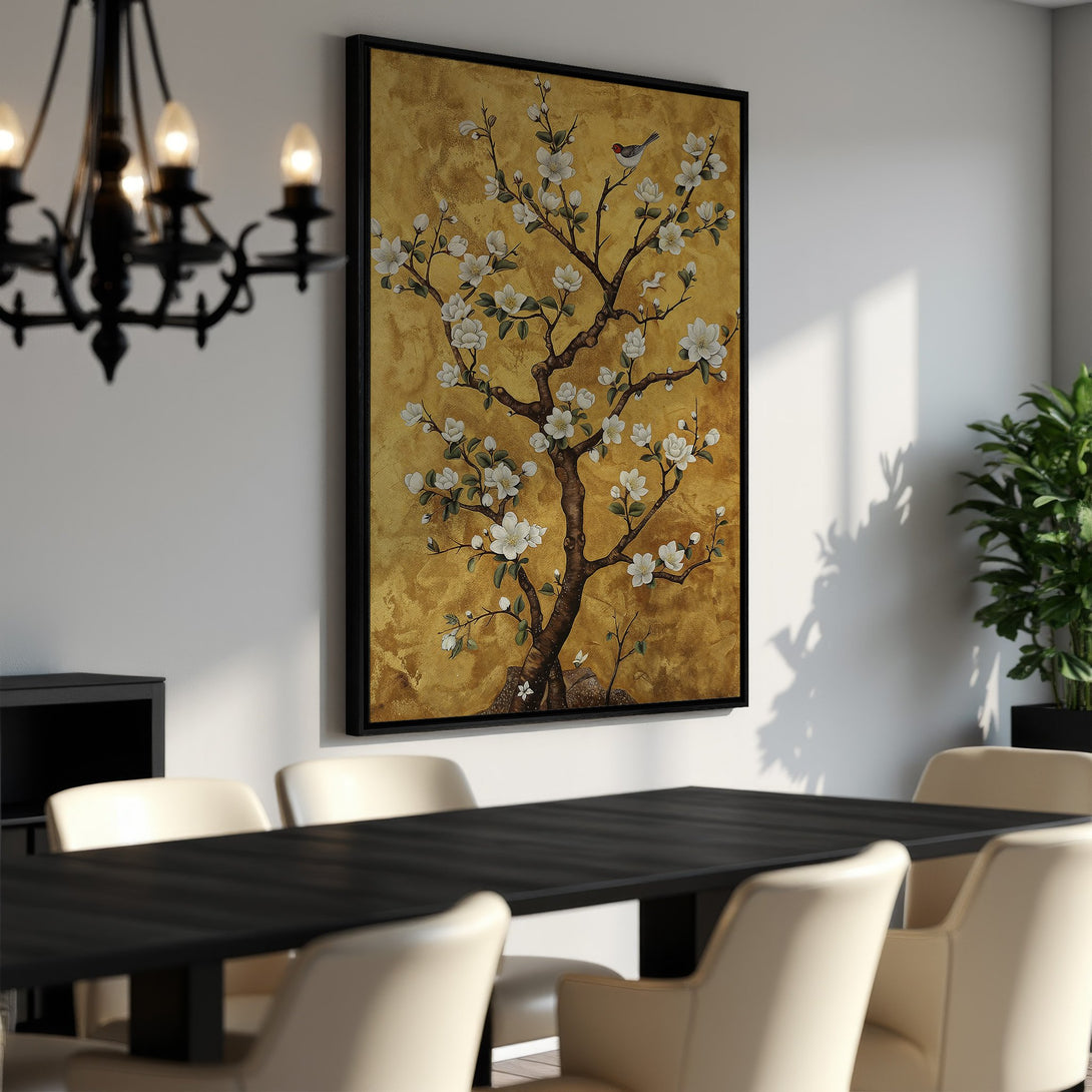 Framed Wall Art featuring a blossoming tree with a bird, in a gold and white color palette, perfect for adding elegance to any dining room.