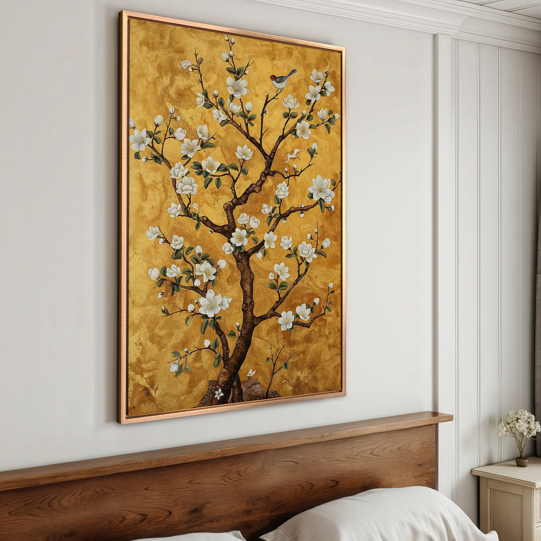 Framed Wall Art: Elegant floral tree print in gold and white, perfect for bedroom decor. Adds a touch of nature-inspired art to any space.