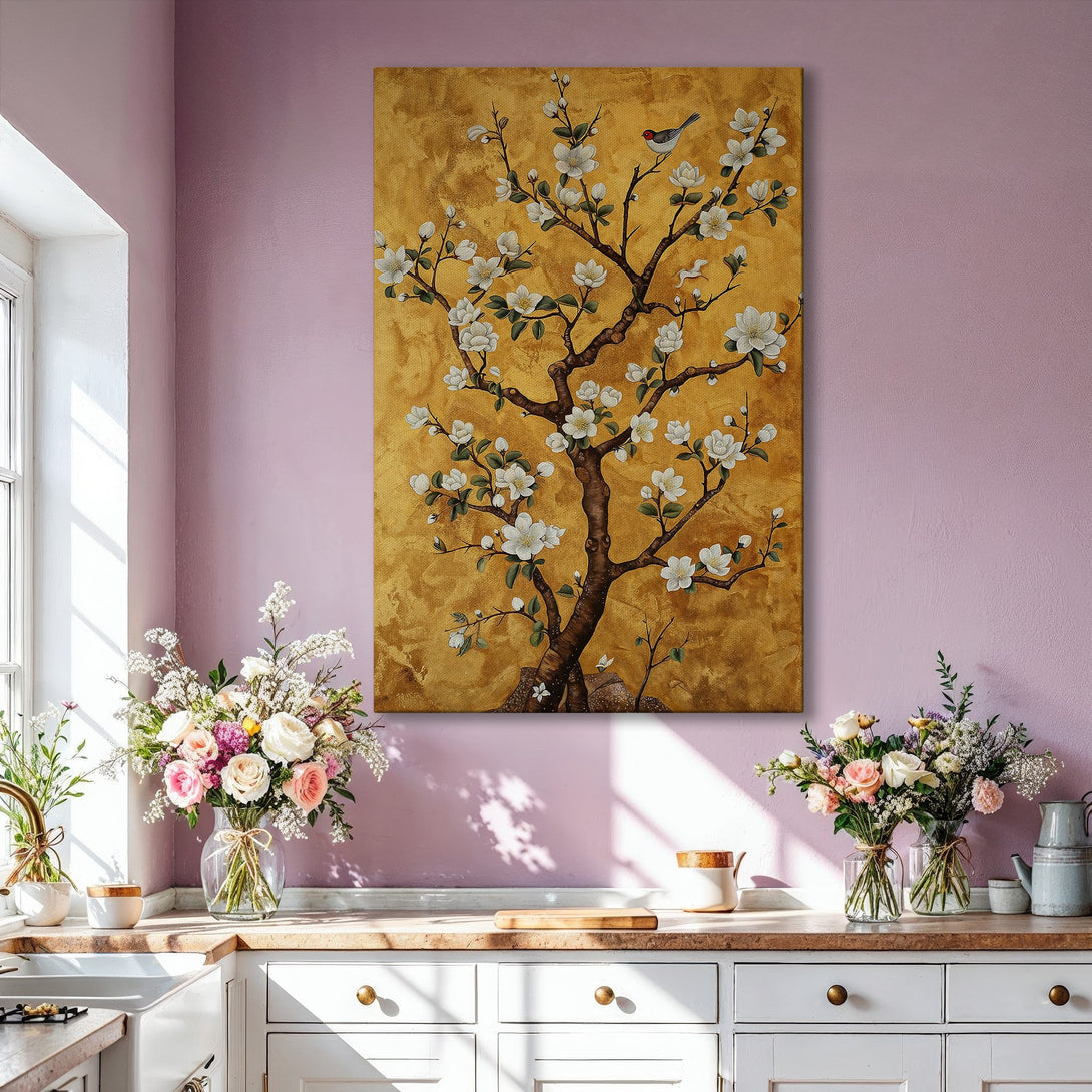Framed Wall Art: Elegant floral tree painting in gold, white, and brown tones, displayed in a modern living room setting. Perfect for adding a touch of nature.