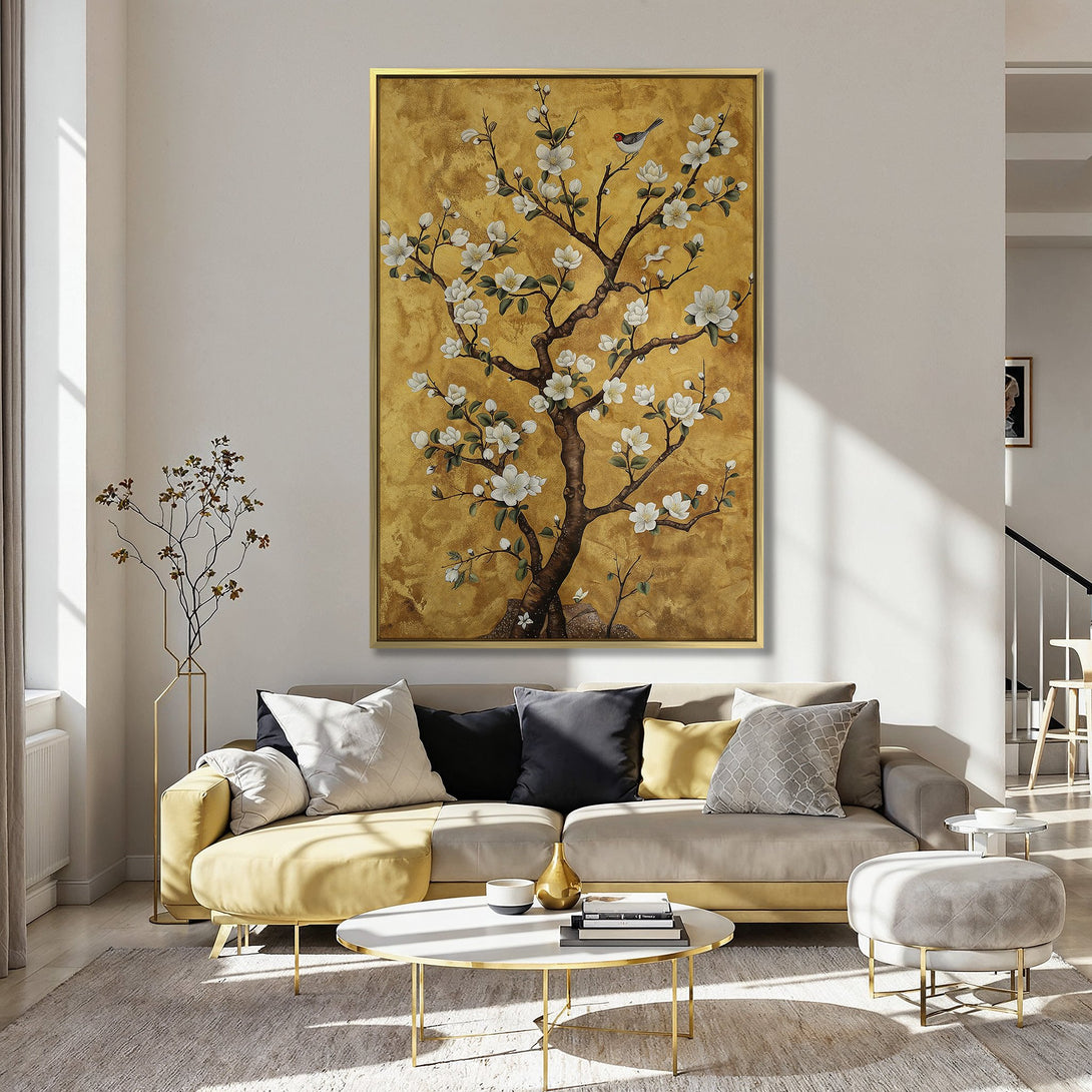 Canvas Print of a blossoming tree with a bird, gold and white artwork, displayed in a kitchen with a pink wall.