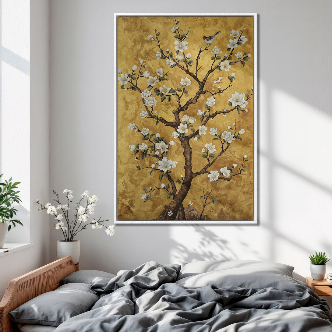Framed Wall Art: Elegant floral tree painting with gold background, white blooms, and a charming bird. Adds serene, natural beauty to any space.